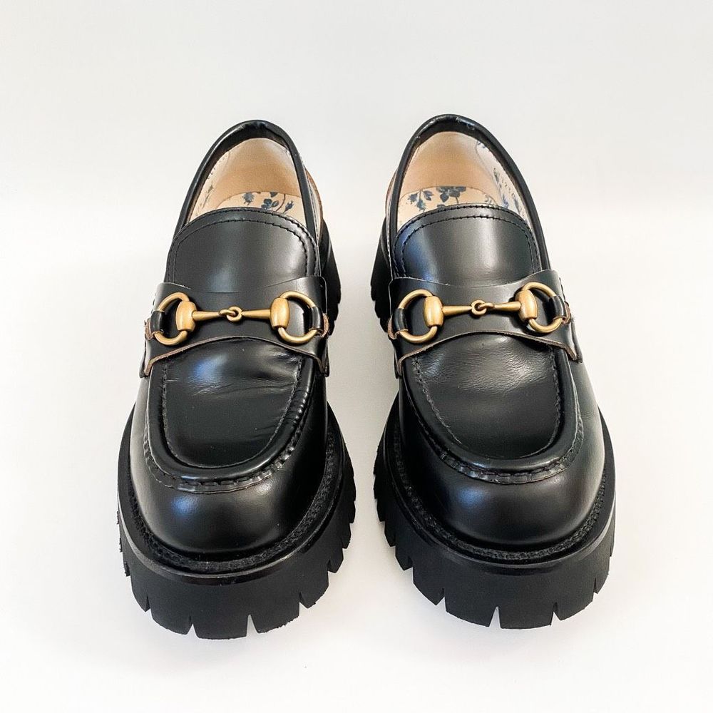 Gucci Loafers Lug Sole Chunky Black Leather Horsebit Size 37.5, 7.5 - Picture 3 of 14